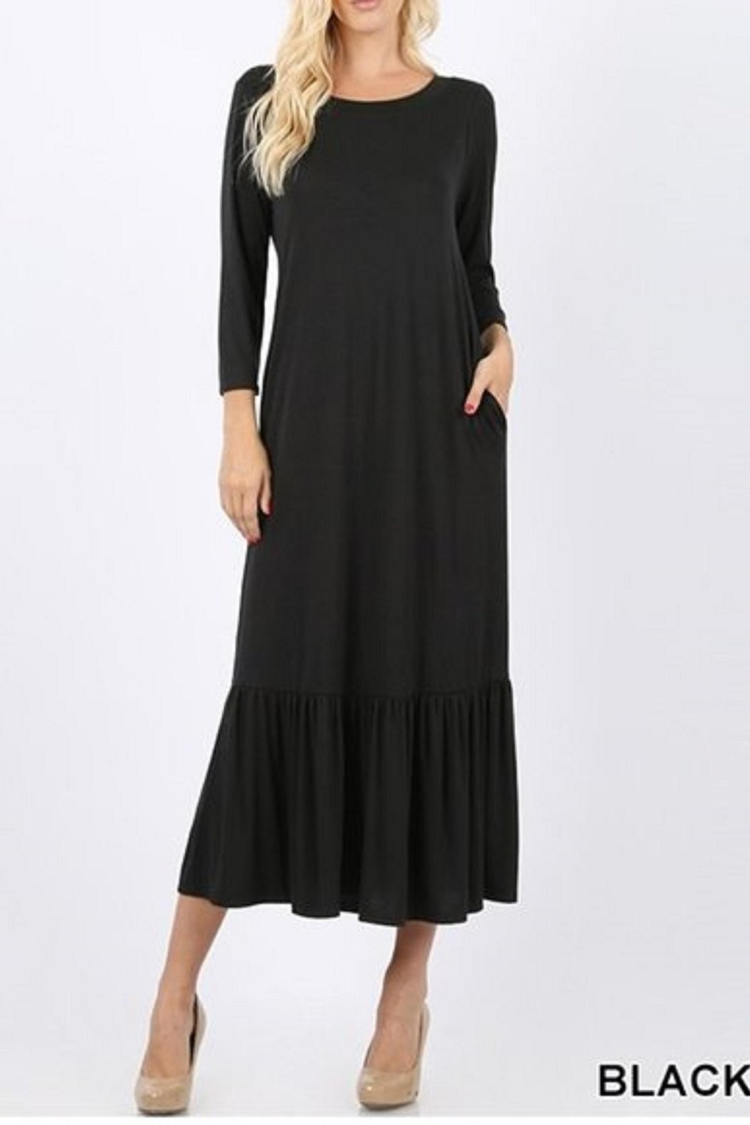 Black Maxi Nap Dress 3/4 Sleeve Ruffle Hem