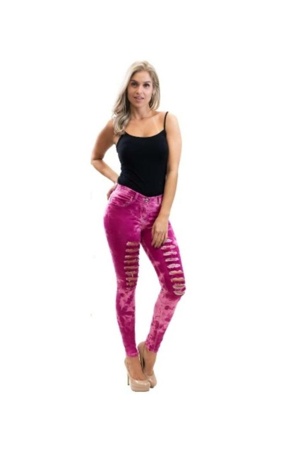 Valentine Gift Mid Rise Distressed Skinny Jeans Fuschia Ripped Jeans  Stretch Denim Tight Fit Pink S