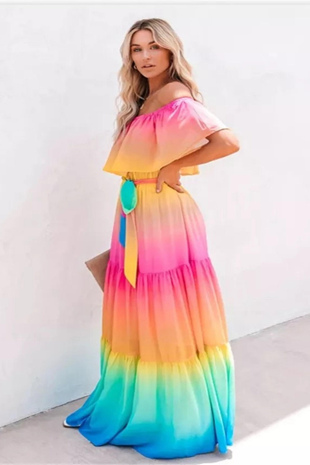 colorful maxi dress Off-Shoulder Rainbow Maxi Dress Multicolor / M