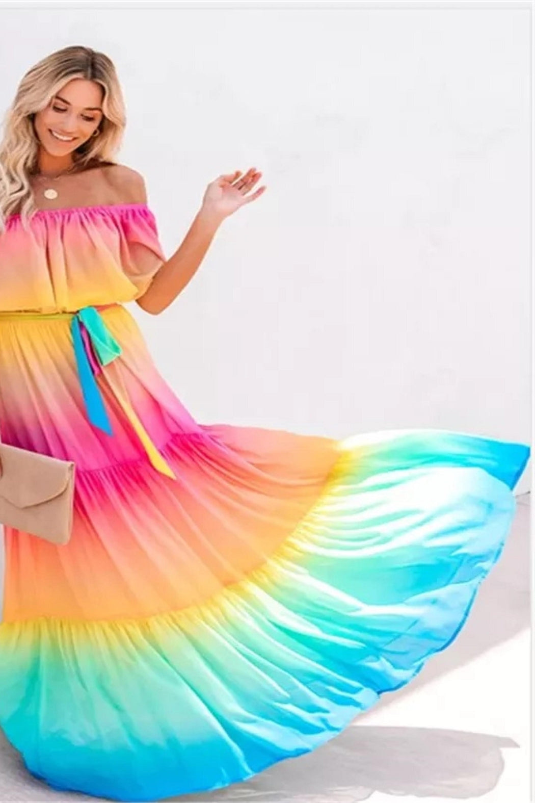 off shoulder rainbow dress Off-Shoulder Rainbow Maxi Dress Multicolor / M