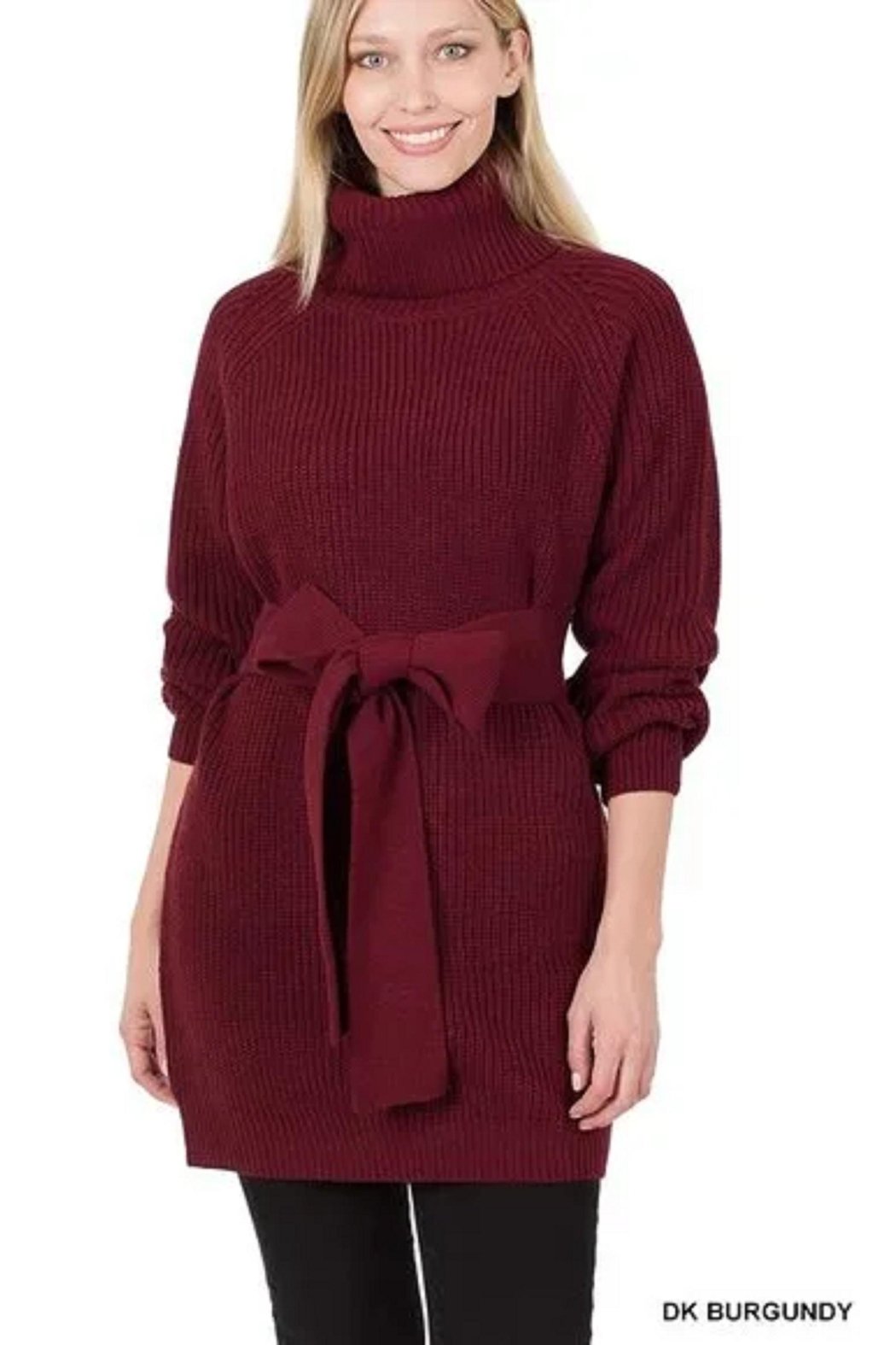 Turtleneck Sweater Dress - Belted - Dark Burgundy Red / S Turtleneck Sweater Dress - Belted - Dark Burgundy Red / S