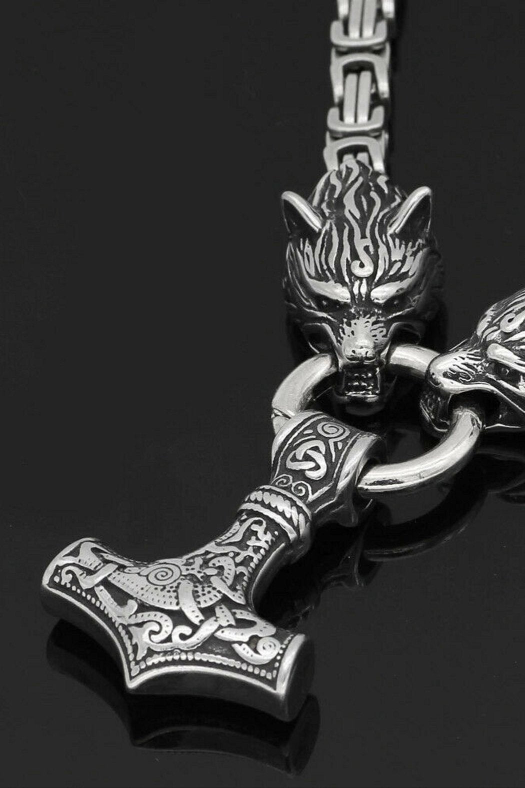 Valentine Gift - Wolf Head Mjolnir Thor Hammer Pendant Steel