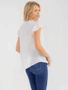 WOMEN'S SHORT RUFFLE SLEEVE V-NECK LACE CROCHET DETAILED BLOUSE