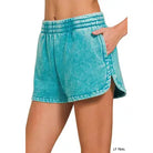 Light Teal Acid Wash Elastic Waistband Fleece Dolphin Shorts