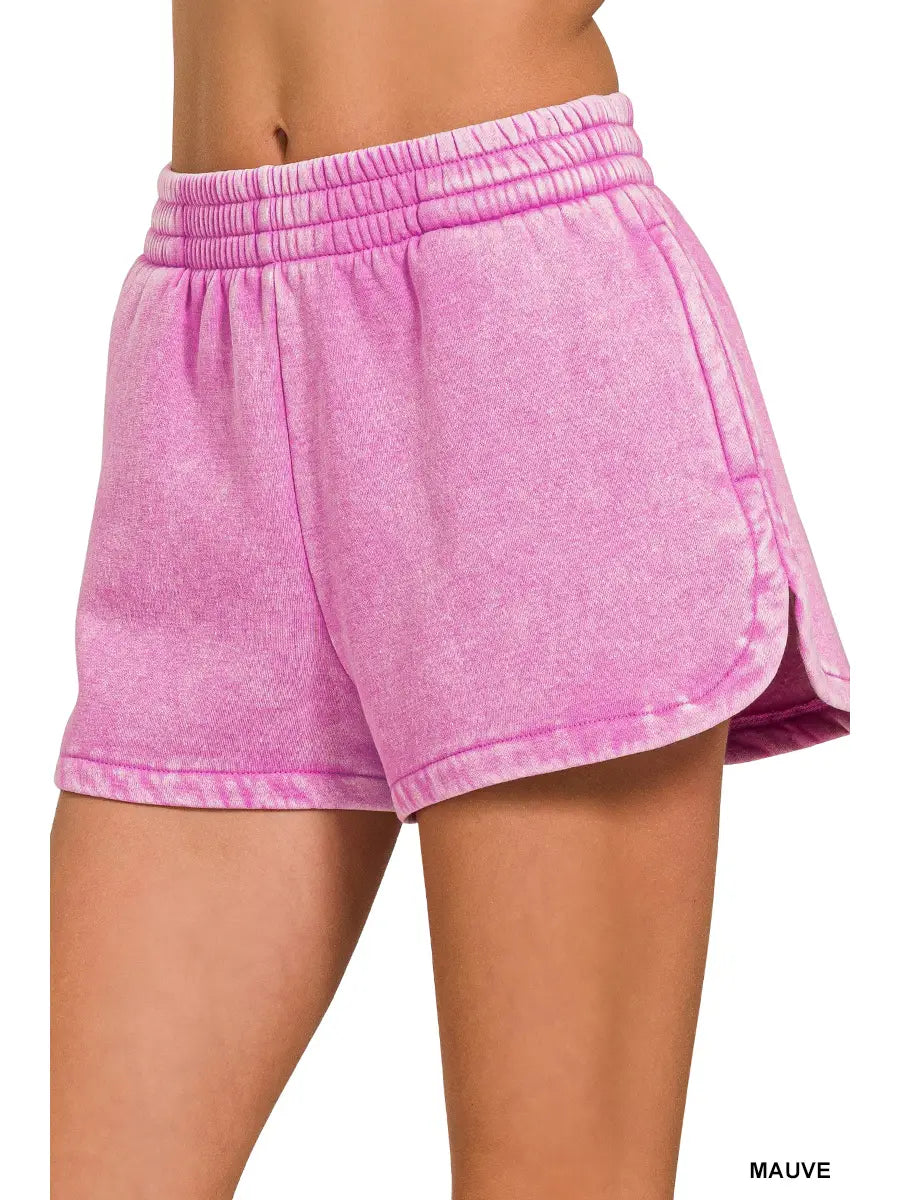Mauve Acid Wash Elastic Waistband Fleece Dolphin Shorts