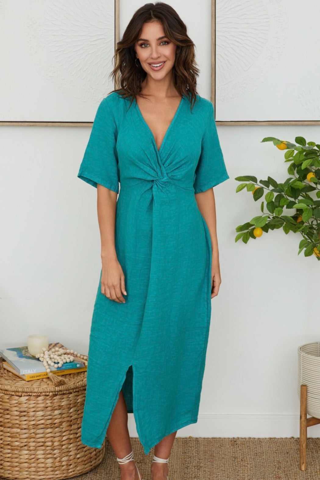 Milio Milano Front Twist Short Sleeve Linen Dress with Front Slit