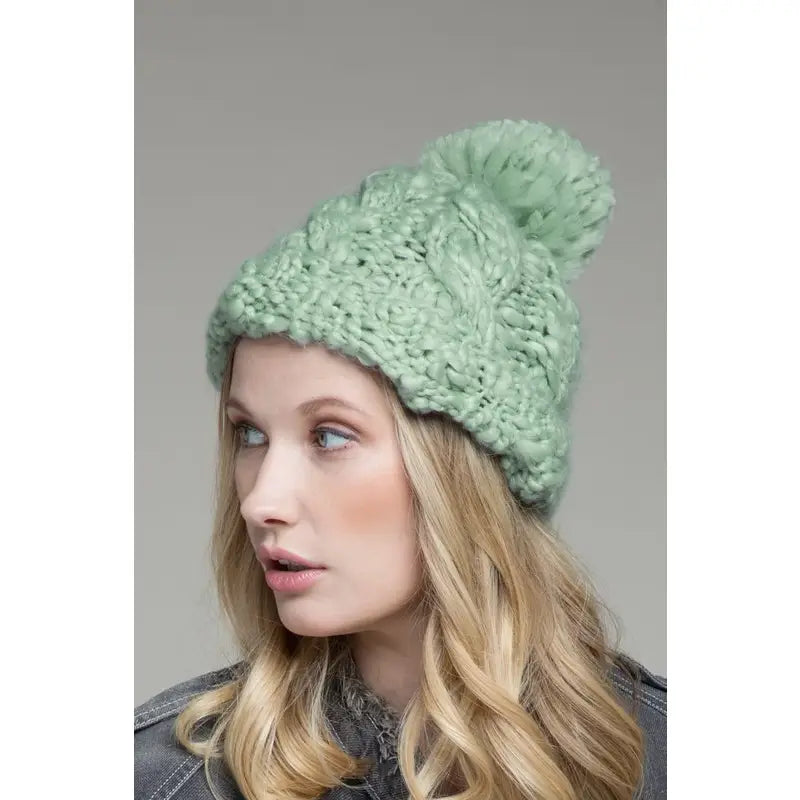 Mint Hand Knitted Chunky Cable Knit Beanie - Athena's Fashion Boutique