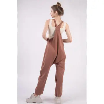 Mocha Casual Loose Fit Solid Knit Baggy Jumpsuit