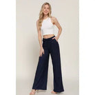 Women's Navy Drawstring Crinkle Long Pants