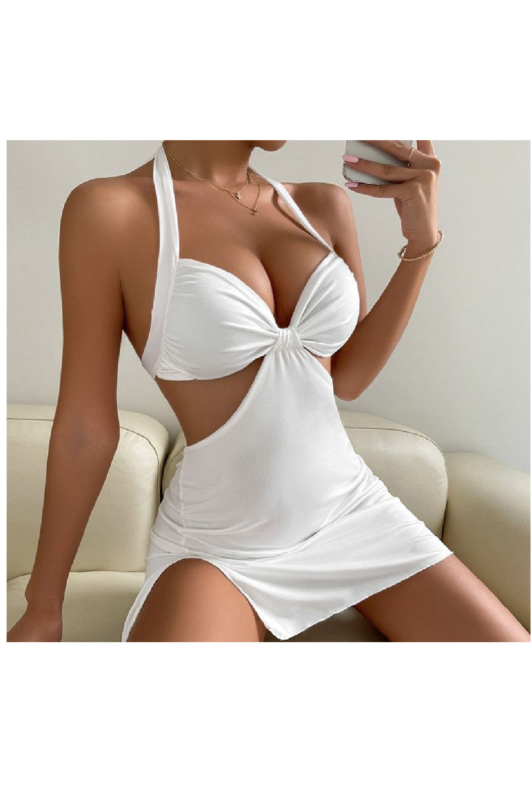 Backless Halter Neck Cut Out Dress Hollow Out Micro Mini White Cocktail Dress - White / S Backless Halter Neck Cut Out Dress Hollow Out Micro Mini White Cocktail Dress - White / S