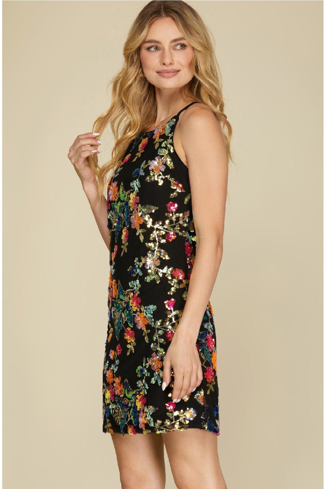 Floral Sequin Halter Neck Dress Black Multicolor Flowers Short Mini Dr   Shoptiques
