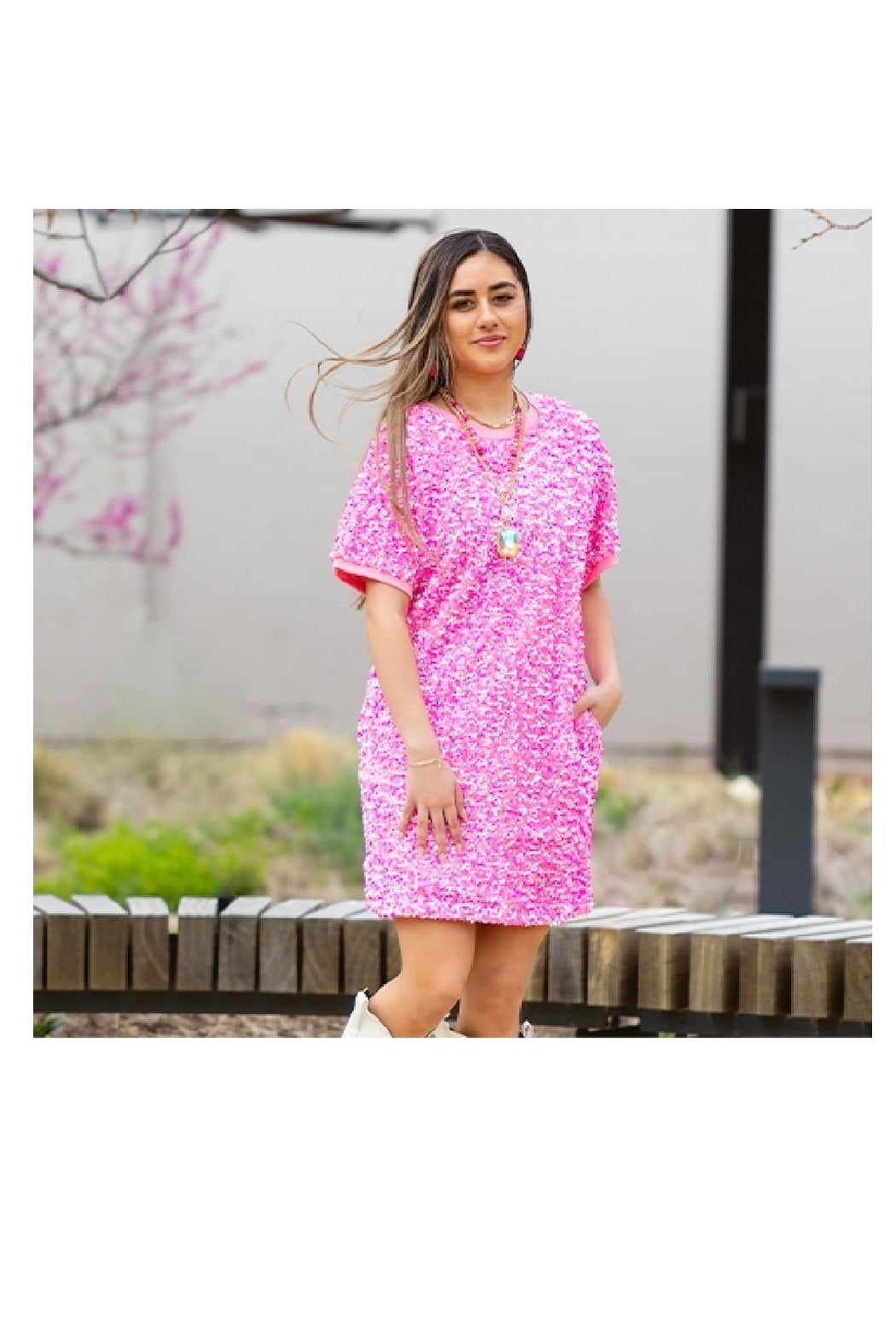 open lace back dress Women's Saphoria Bodycon Open Back Sequin Mini Dress S/M/L Pink Mean Blvd Pink / S main image 0