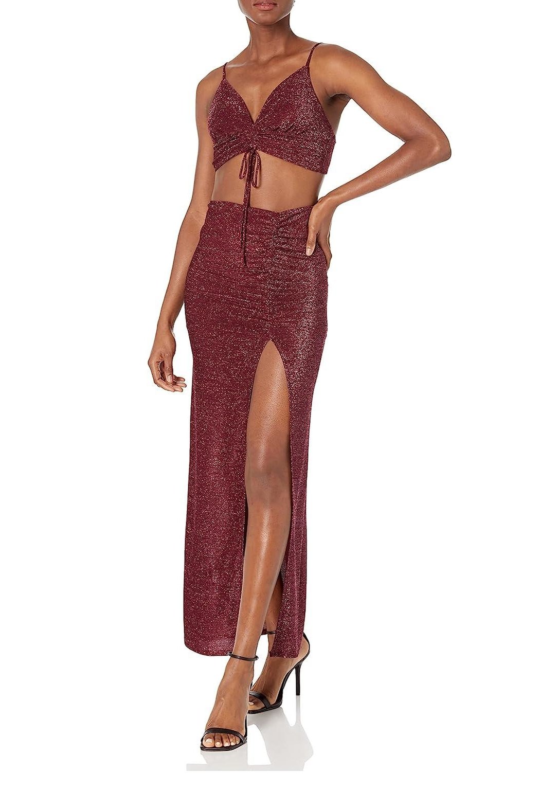 Xtraordinary Spaghetti Strap Cinched V-Neck Top & Glitter Knit Slit Lo –  Shoptiques