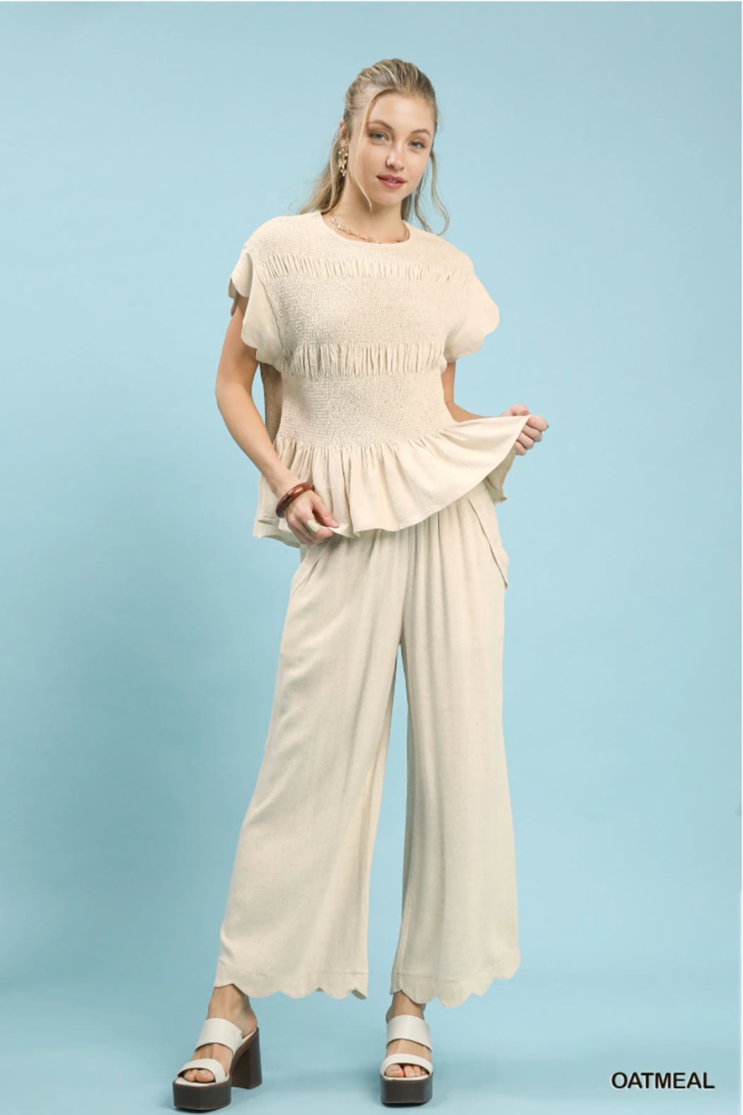 Oatmeal Smocked Peplum Sweater & Wide-Leg Pant Set – Shoptiques