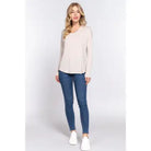 Women's Oatmeal Long Dolman Sleeve V-Neck Rayon Span Jersey Top