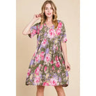 Women's Olive Floral Shirred Waist Dress
