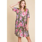 Women's Olive Floral Shirred Waist Dress