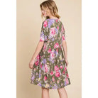 Women's Olive Floral Shirred Waist Dress