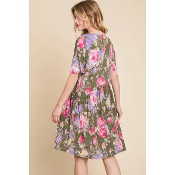 Women's Olive Floral Shirred Waist Dress