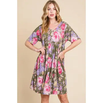 Women's Olive Floral Shirred Waist Dress