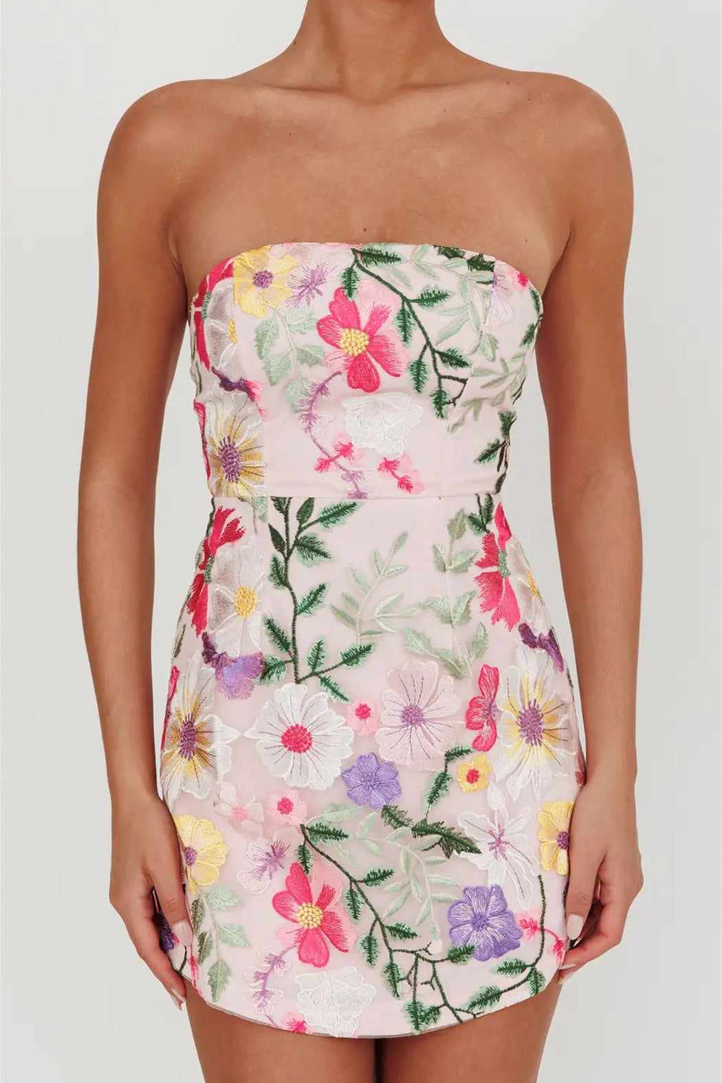 embellished strapless mini dress Floral Embellished Strapless Mini Dress Pink / S