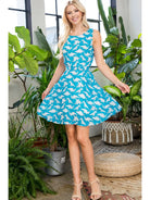 Blue Origami Dinosaur Print Dress - Athena's Fashion Boutique