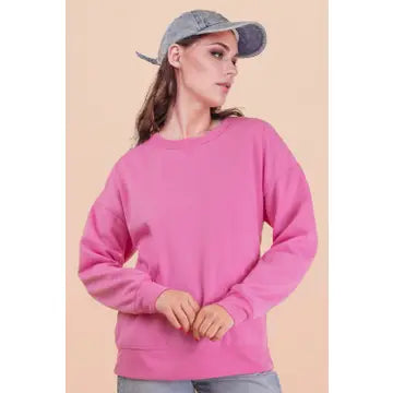 Pink Oversized Casual Comfy Solid Knit Pocket Sweatshirt
