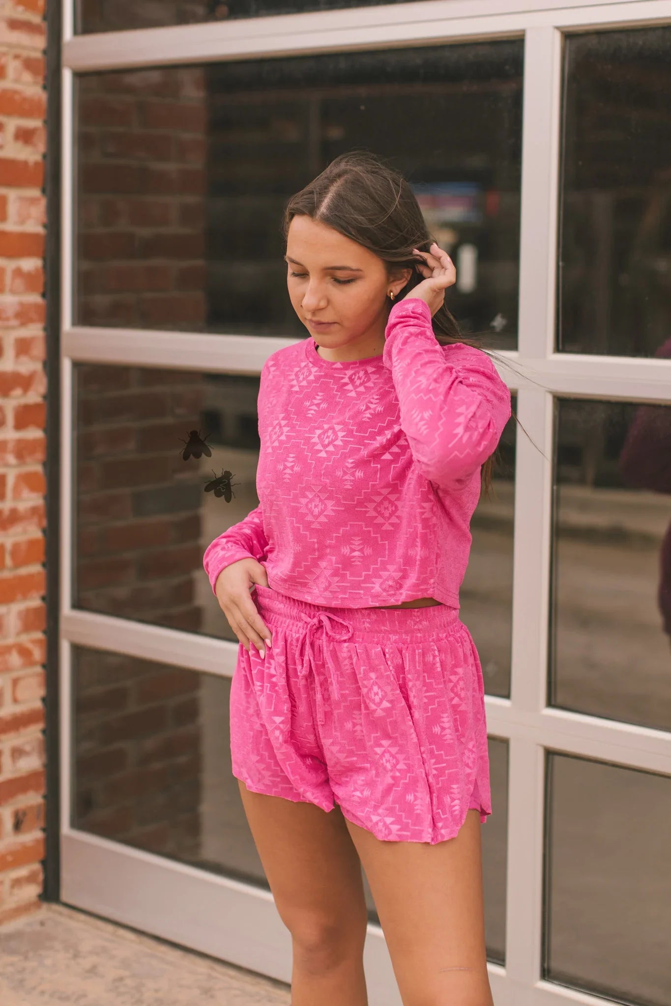 Long Sleeve Pink Southwest Crop Mesh Top - Athena's Fashion Boutique