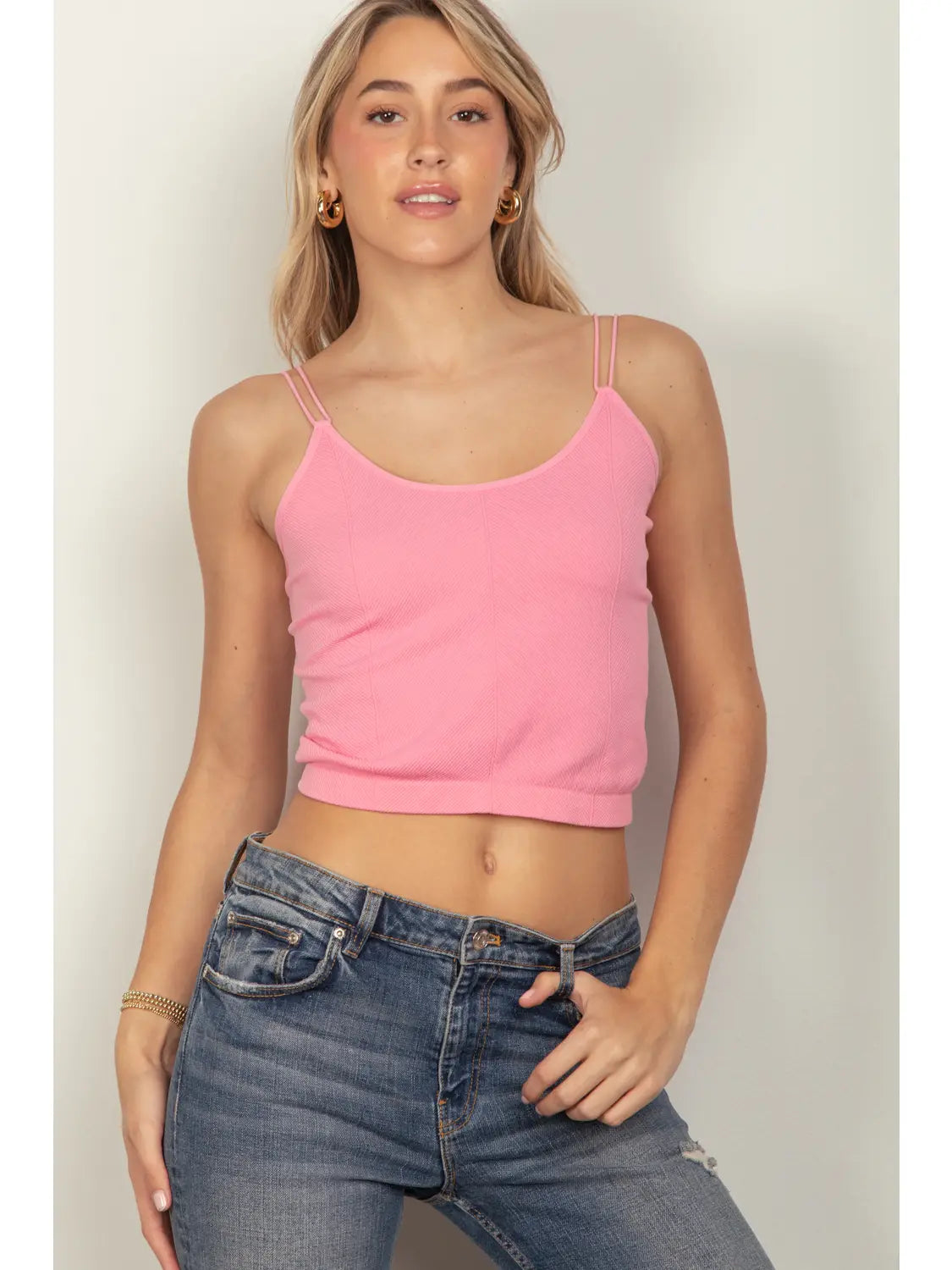 Pink Crop Stretchy Double Strap Slim Fit Tank Top - Athena's Fashion Boutique