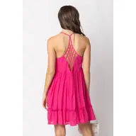 Pink Woven Lattice Open Back Mini Dress