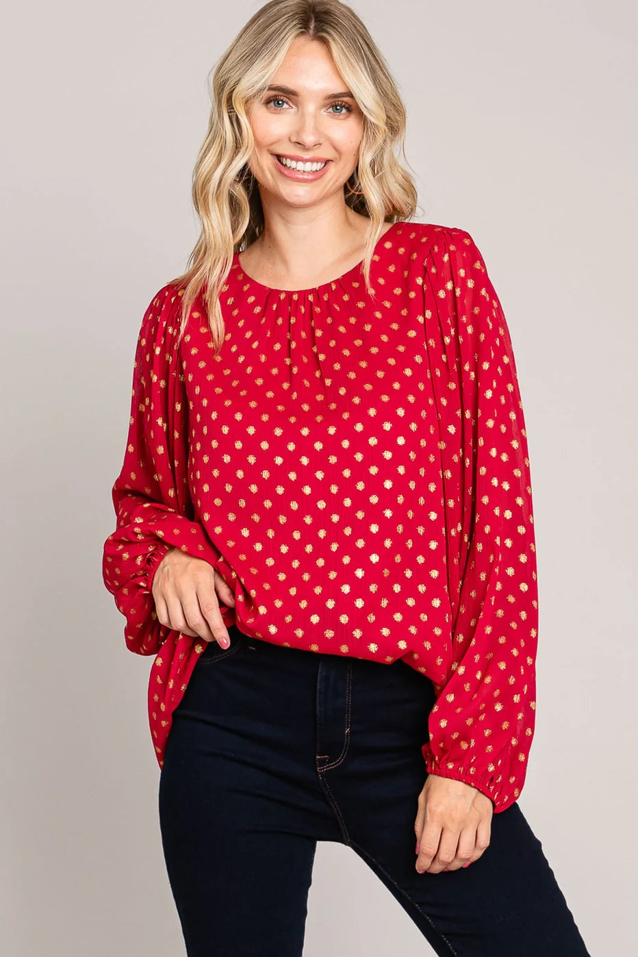 Gold Polka Dot Chiffon Women's Bubble Sleeve Blouse - Athena's Fashion Boutique