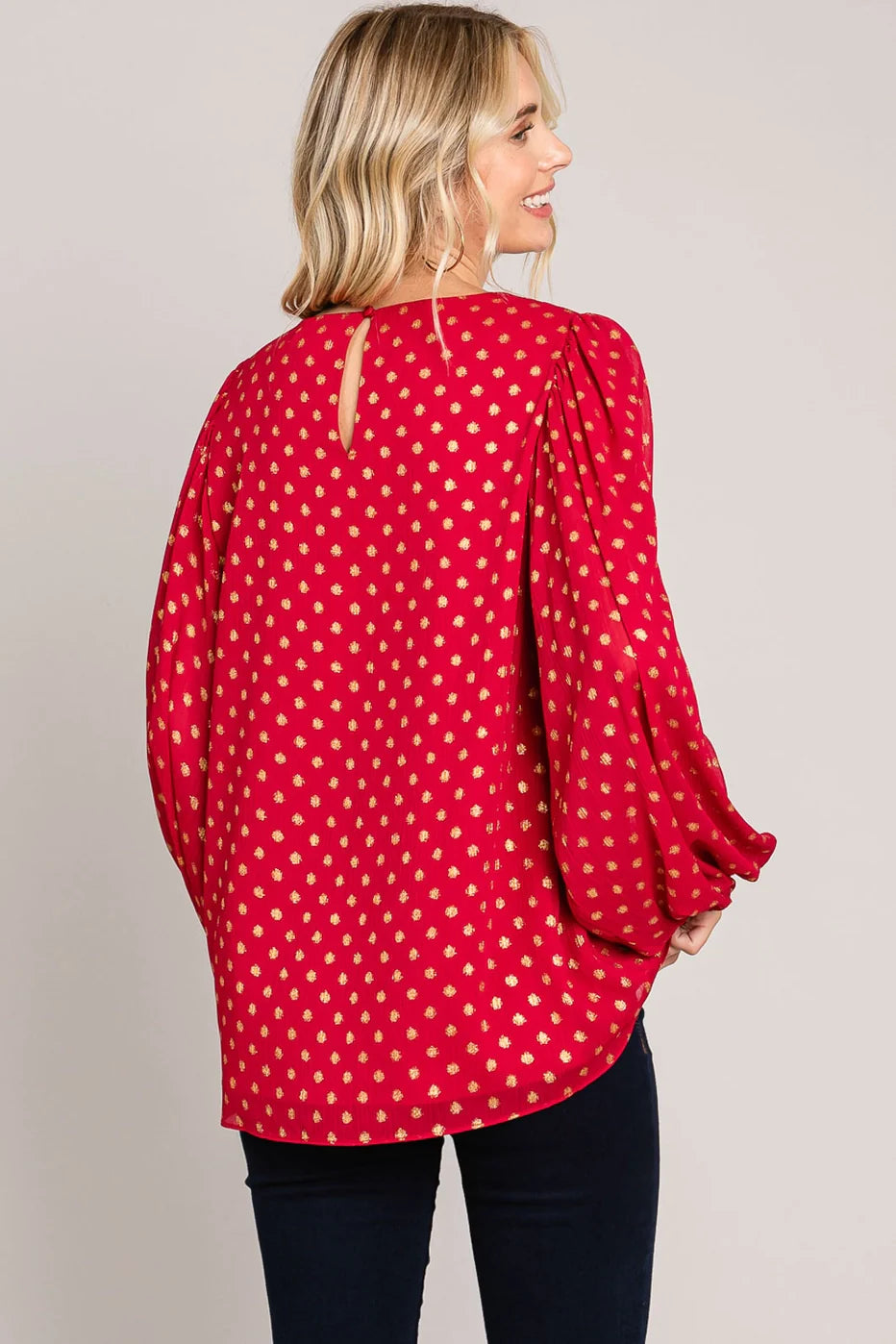 Gold Polka Dot Chiffon Women's Bubble Sleeve Blouse - Athena's Fashion Boutique