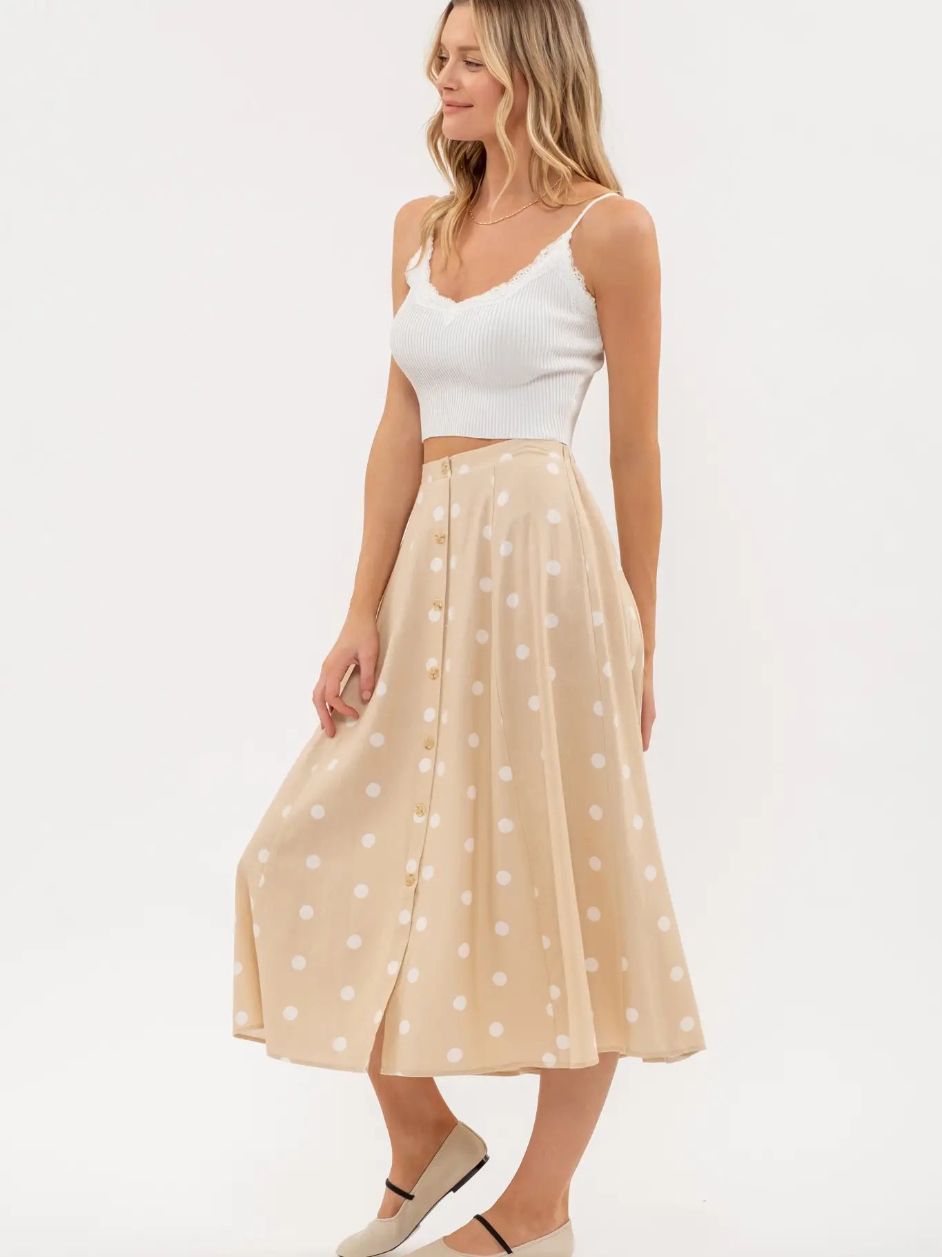 Khaki Polka Dot Midi Skirt