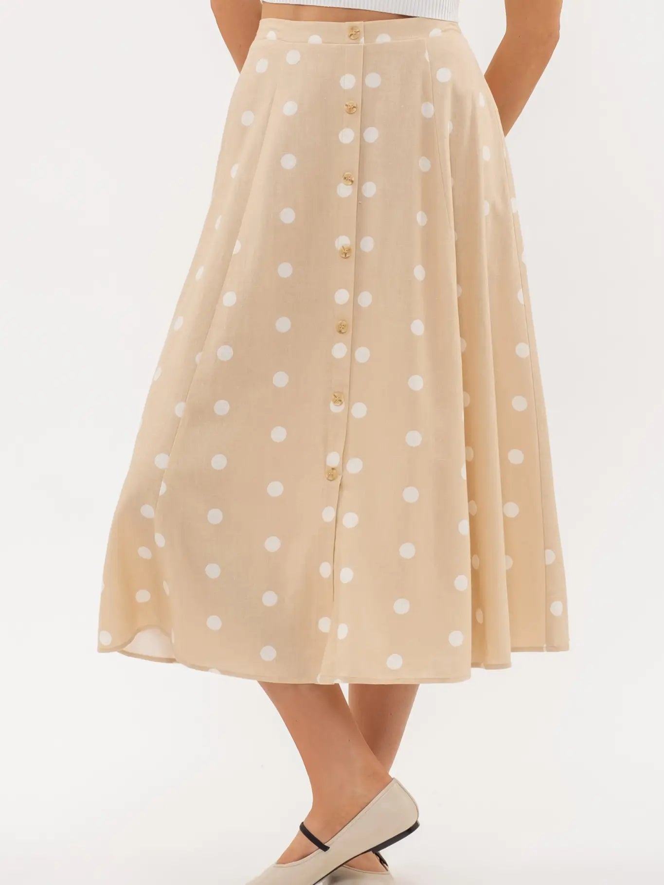 Khaki Polka Dot Midi Skirt