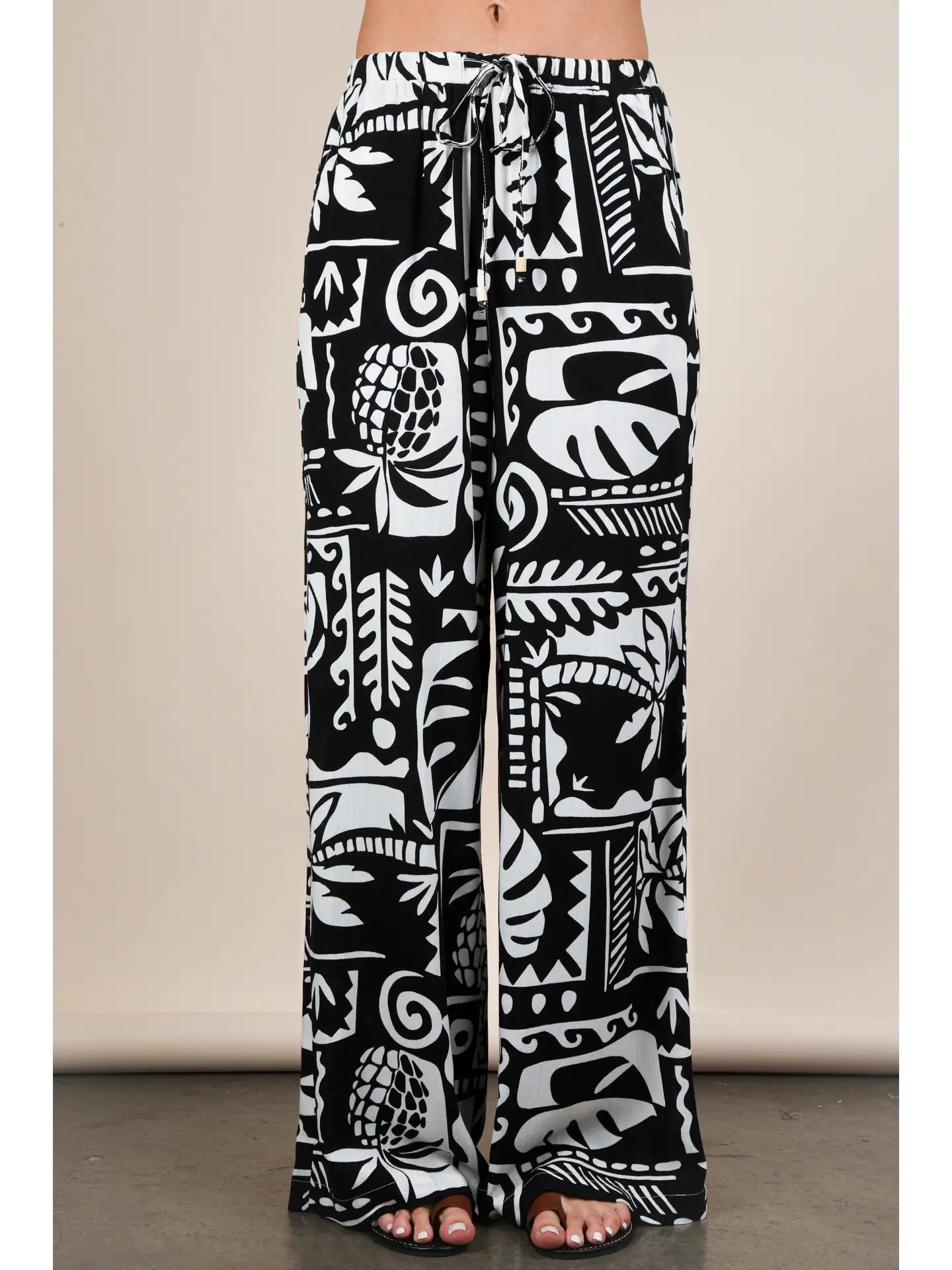 Black and White Printed Casual Wide Leg Resort Pants