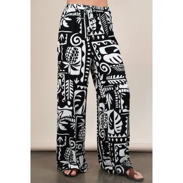 Black and White Printed Casual Wide Leg Resort Pants