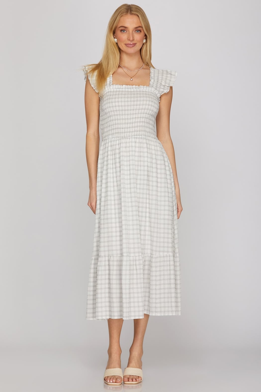 midi smocked dress Ruffle Strap Woven Smocked Midi Dress Off White / S