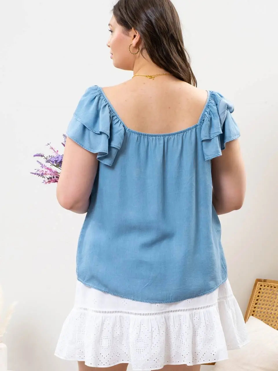 Plus Chambray Ruffle Sleeve Top