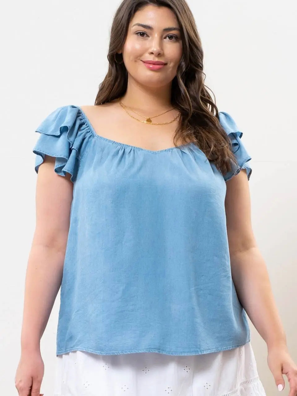 Plus Chambray Ruffle Sleeve Top