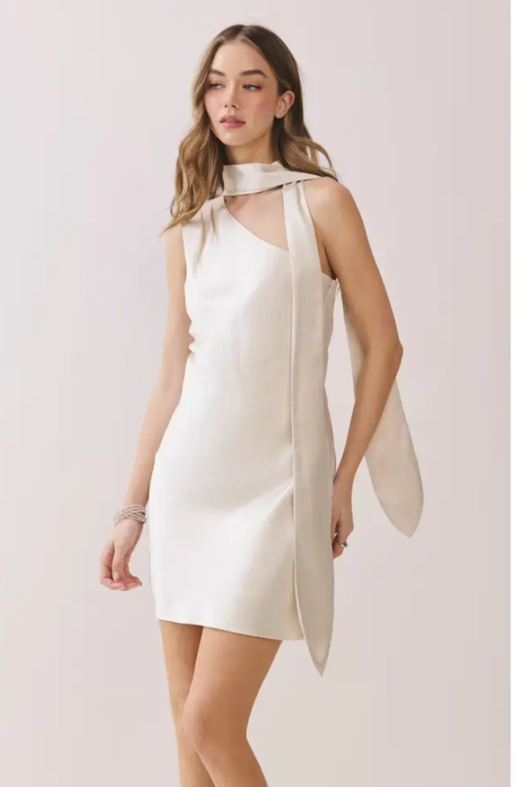 Satin Scarf Wrap One Shoulder Mini Dress Cream / M Satin Scarf Wrap One Shoulder Mini Dress Cream / M