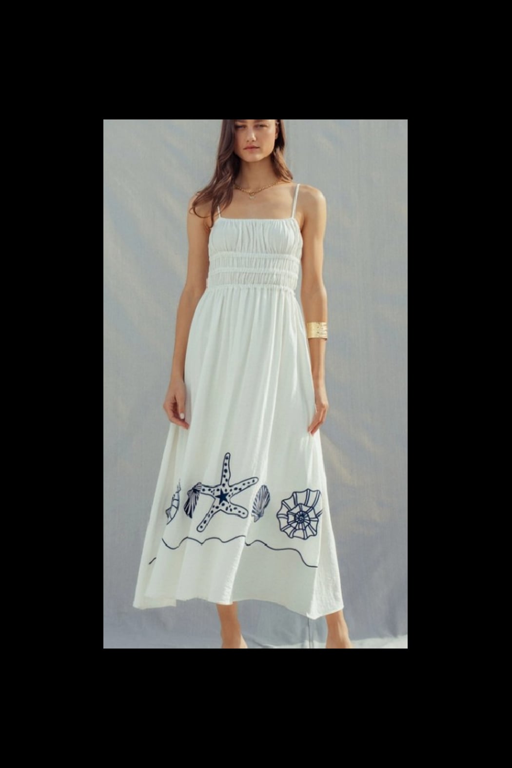 Seashell Embroidered Linen Blend Smocked Dress M