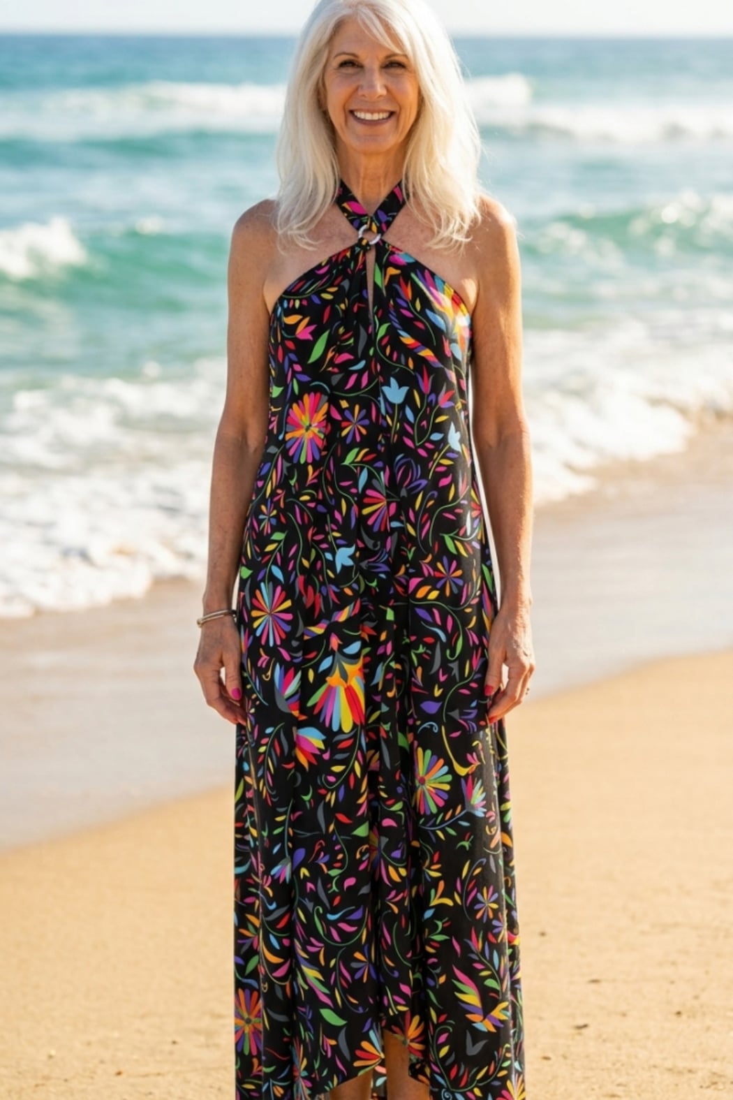 Sheer Halter Style Cover-Up Dress in Pink Multi Color Floral