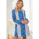 Women's Blue Pattern Shift Dress with Long Sleeves sizes small to 3xlarge