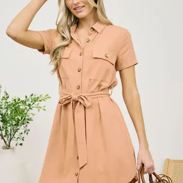 Sienna Collared Button Down Belted Mini Dress
