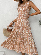 Brown and White Tiered Sleeveless Waist Baring Dress