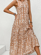 Brown and White Tiered Sleeveless Waist Baring Dress