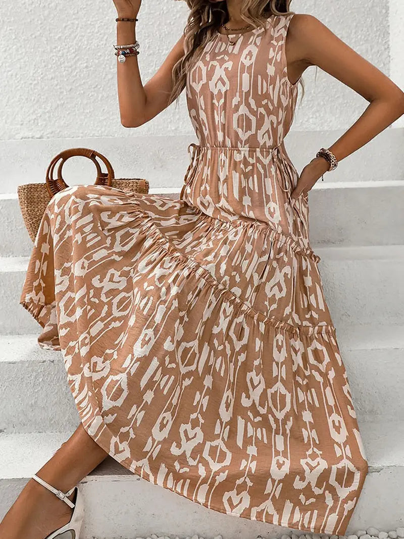 Brown and White Tiered Sleeveless Waist Baring Dress