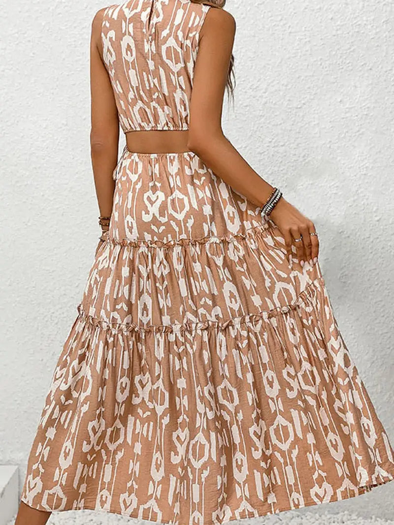 Brown and White Tiered Sleeveless Waist Baring Dress