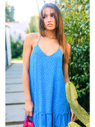 Blue Spotted Braided Strap Ruffle Mini Dress - Athena's Fashion Boutique