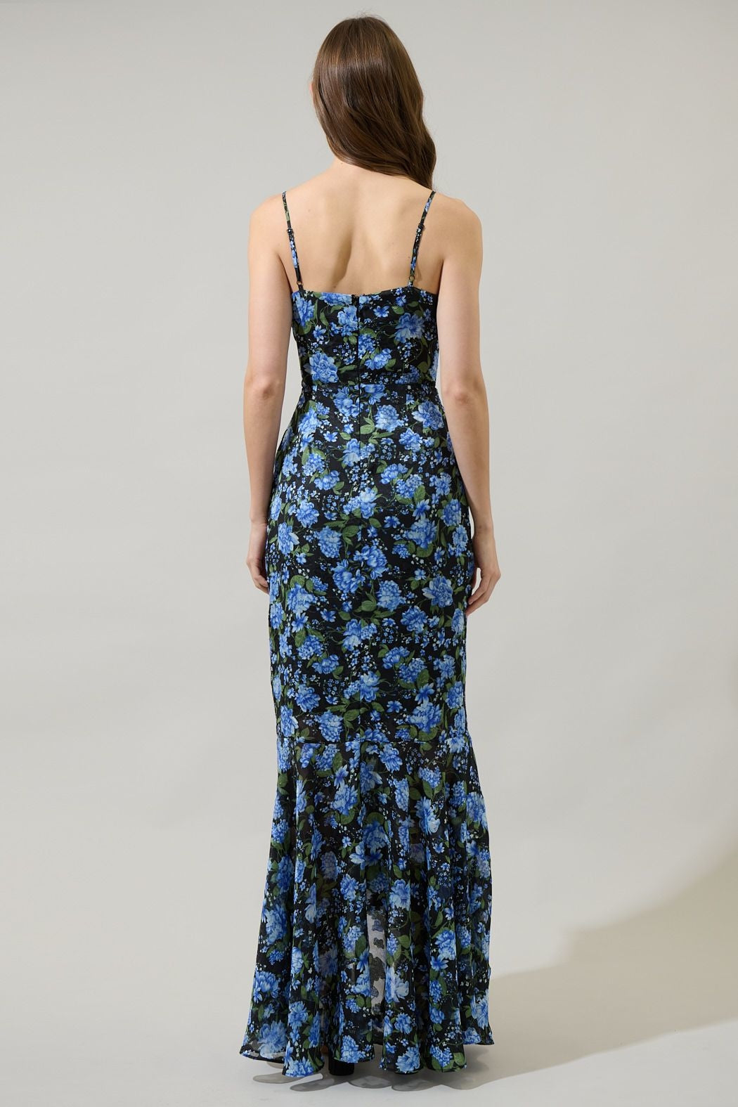 knee length dresses for ladies Lyssa Floral Doris Ruffle Maxi Dress BLUE-MULTI / S by Sugarlips